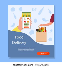 Vektorgrafik Online-Lebensmittelgeschäft. Bestellen von Lebensmitteln in Anwendung auf dem Handy. Unberührte Lieferung von Produkten. Lebensmittelsack. Kurier. Bestellen Sie online. Einkaufskonzept Design für Website, Druck