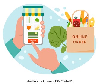 Vector illustration Online Grocery store. Ordering food in application on cell phone. Contactless delivery of products. Grocery bag. Courier. Order online. Shopping concept Design for website, print