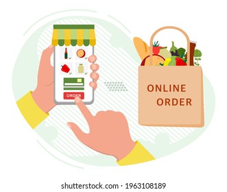Vector illustration Online Grocery store. Ordering food in application on cell phone. Contactless delivery of products. Grocery bag. Courier. Order online. Shopping concept Design for website, print