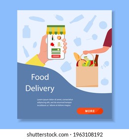 Vector illustration Online Grocery store. Ordering food in application on cell phone. Contactless delivery of products. Grocery bag. Courier. Order online. Shopping concept Design for website, print