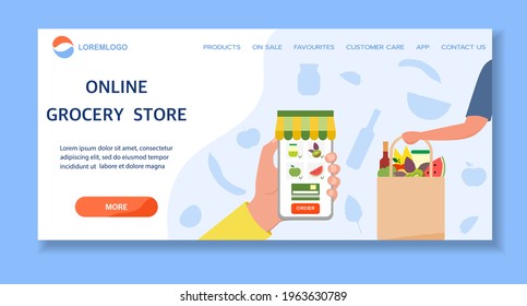 Vector illustration Online Grocery store. Ordering food in application on cell phone. Contactless delivery of products. Grocery bag. Courier. Order online. Shopping concept Design for website, print