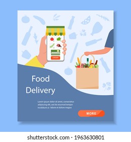 Vector ilustración Online Grocery store. Pedir comida en aplicación por teléfono móvil. Entrega sin contacto de productos. Bolsa de compras. Courier. Solicitar en línea. Concepto de compras Diseño para sitio web, impresión