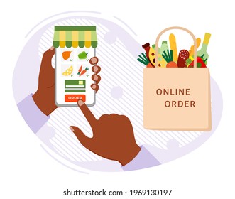Vector illustration Online Grocery store. Ordering food in application on cell phone. Contactless delivery of products. Grocery bag. Courier. Order online. Shopping concept Design for website, print