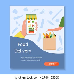 Vector illustration Online Grocery store. Ordering food in application on cell phone. Contactless delivery of products. Grocery bag. Courier. Order online. Shopping concept Design for website, print