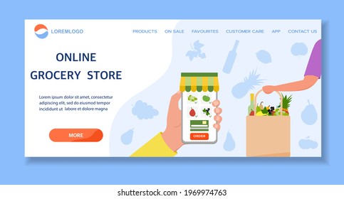Vector illustration Online Grocery store. Ordering food in application on cell phone. Contactless delivery of products. Grocery bag. Courier. Order online. Shopping concept Design for website, print