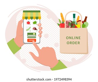 Vector illustration Online Grocery store. Ordering food in application on cell phone. Contactless delivery of products. Grocery bag. Courier. Order online. Shopping concept Design for website, print