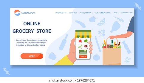 Vector illustration Online Grocery store. Ordering food in application on cell phone. Contactless delivery of products. Grocery bag. Courier. Order online. Shopping concept Design for website, print