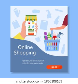 Vector illustration Online household supplies store. Household cleaning items and products order for delivery. Shopping supplies online. Shop online from home. Ordering in application on cell phone