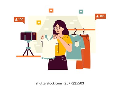 Vector illustration of online influencer girl sharing styling tips while holding a t-shirt. Blogger presenting her clothing collection with a camera setup. A woman unpacks and shows new outfits online