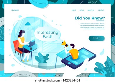 Vector illustration -  online interesting fact man help from mobile phone. Modern bright banner, site template with place for your text.