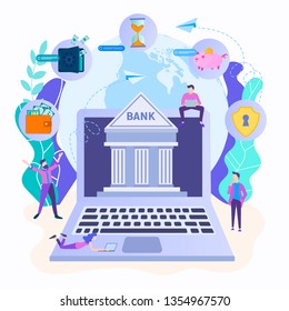 Vector illustration of online Internet banking concept, bank employeers help to carry out online payment and savings transactions around the world.