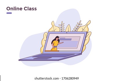 vector illustration online learning class streaming in laptop. students school from home online. teacher teaching live stream online. learn online lessons class with internet course concept. 
