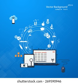 Vector illustration of online learning with flat icons.