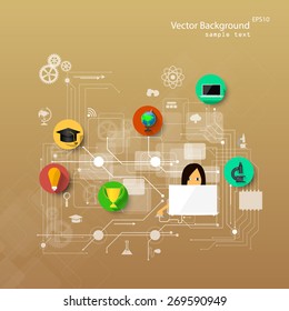 Vector illustration of online learning with flat icons.