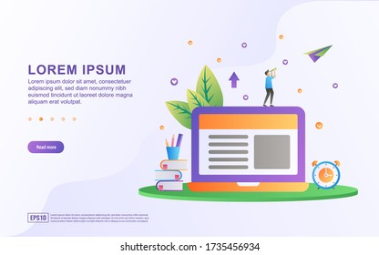 Vector illustration of online learning and reading articles with book and laptop icon.