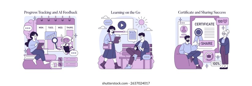 Vector illustration of online learning scenes with progress tracking, AI feedback, learning on the go, and digital certificates. People engage with devices and educational content.