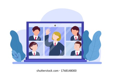 Vector illustration of online learning. students who greet each other.