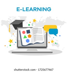 Vector illustration of online learning. Suitable for promotion of E-Learning services, distance teaching, and learning web backgrounds. Internet technology in the world of education.