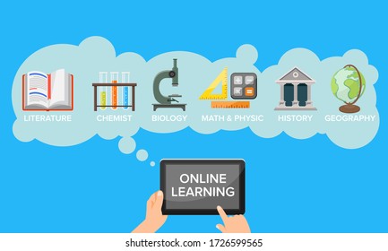 Vector illustration of online learning. Suitable for design elements of home learning activities, the use of the internet for education, and distance learning. Internet technology in education system.
