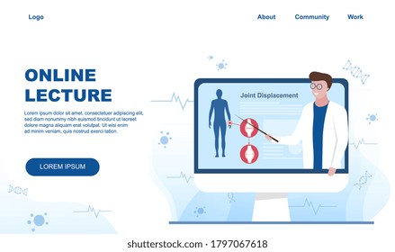 Vector illustration of online lecture about medicine. Man teaching anatomy and healthcare on computer monitor from internet