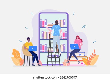 Vector Illustration, Online Library Concept, Showing People interact with digital books, Suitable for landing page, UI, web, App intro card, editorial, flyer,and banner