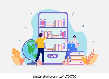 Vector Illustration, Online Library Concept, Showing People interact with digital books, Suitable for landing page, UI, web, App intro card, editorial, flyer,and banner
