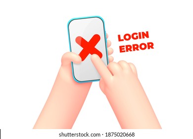 Vector illustration - online login service access error, hand with phone. Internet modern bright banner with place for your text.