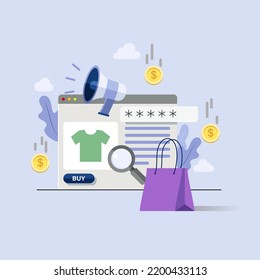 Vector Illustration - Online Marketing And E-commerce Concept. Desktop Web Page With Speakerphone And Shopping Bag.