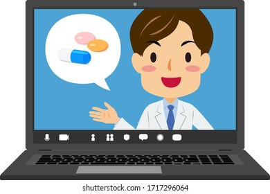 Vector illustration of online medical care male doctor on notebook screen.