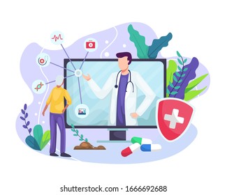 Vector illustration Online medical concept. Medical Consultation by Internet with Doctor. Online Doctor, Telemedicine, Medical Service Online for Patients. Vector illustration in a flat style