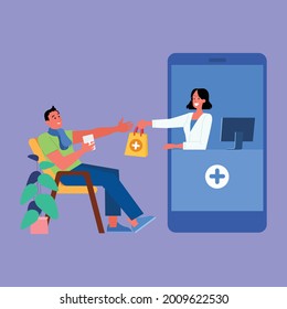 Vector Illustration Of Online Medicine Delivery At Home. Online Order.