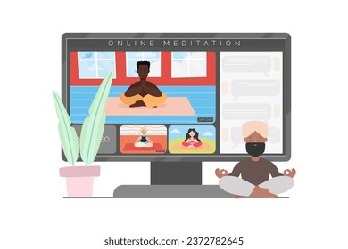 Vector illustration of online meditation. Diverse people sitting in lotus pose and meditating at home through video meeting