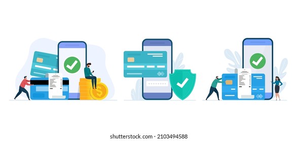 Vector illustration of online mobile banking. Online pay and electronic bill payment. Security transaction. Set of Mobile banking app design concepts.