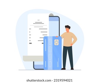 Vector illustration of online mobile banking and mobile payments. Online bill payment. Character with huge smartphone, credit card and payment bill isolated on white background.