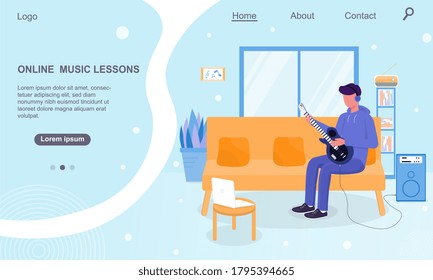 Vector Illustration Of Online Music Lessons. Guitarist Teaching Online People How To Play Guitar From Home