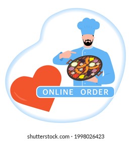 Vector illustration Online order. Chef offers to grill food. Ordering bbq food delivery online. Advertising of restaurant menu. Delivery at office or home. Tasty meal. Design for print