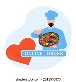 Vector illustration Online order. Chef offers to grill food. Ordering bbq food delivery online. Advertising of restaurant menu. Delivery at office or home. Tasty meal. Design for print