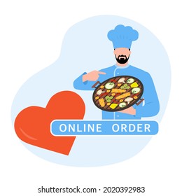 Vector illustration Online order. Chef offers to grill food. Ordering bbq food delivery online. Advertising of restaurant menu. Delivery at office or home. Tasty meal. Design for print