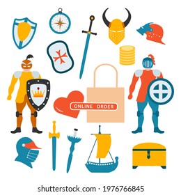 Vector illustration Online order Kid toys Knight, sword, shield, helmet, treasure chest, ship. Happy childhood background. Activity. Gaming items Primary school Elementary grade Kindergarten Game