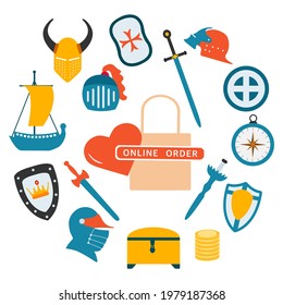 Vector illustration Online order Kid toys Knightly sword, shield, helmet, treasure chest, ship. Happy childhood background. Activity. Gaming items Primary school Elementary grade Kindergarten Game