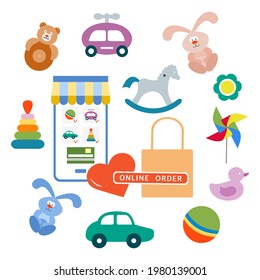 Vektorgrafik Online-Bestellung Kinderspielzeug Glückliche Spiele Kinderspielzeug Spiele Spiele Spiele Artikel Pinrad, Auto, Pyramide, Kugel, Schaukeln, Rind, Schuster, Kaninchen, Ente Grundschule Kindergartenspiel Grundschule Kindergartenspiel Spiel