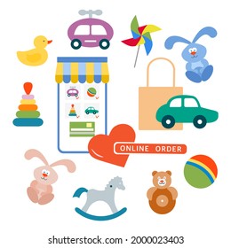 Ilustración vectorial Orden en línea Juguetes para niños Feliz infancia Artículos de juegos PinWheel, coche, pirámide, bola, caballo balancín, tumbler, conejo, pato Escuela Primaria Primaria Juega juego de guardería