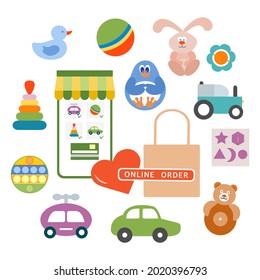 Vector illustration Online order Kid toys Happy childhood Gaming items Cars, pyramid, ball, rattle, tumbler, rabbit, duck, penguin, Sorter Pop it Primary school Elementary grade Kindergarten Game Play