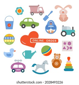 Vector illustration Online order Kid toys Happy childhood Gaming items playing in sand Cars Pyramid Ball Rattle Tumbler Rabbit Penguin Sorter Pop it Primary school Elementary grade Kindergarten Game