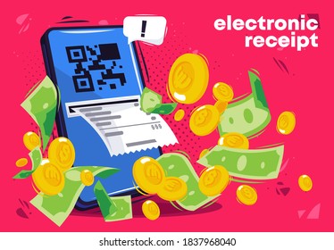 ilustración vectorial del pago en línea por teléfono, emisión de un recibo electrónico de compra, monedas de oro con dinero en papel con notificaciones en la nube