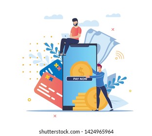 Vector Illustration Online Payment Cartoon Flat. Online Application for Online Payment Via Mobile Phone. Guy Sits on Top Smartphone Credit Card Background. Security Service Ecommerce.