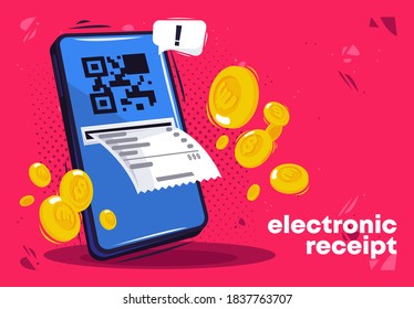 vector illustration of online payment via phone, issuing an electronic purchase receipt,gold coins with cloud notifications