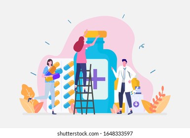 Ilustración vectorial, Concepto de farmacia en línea, Mostrando farmacéutico dar consejo y medicación de asesoramiento al cliente, Apto para la página de inicio, UI, web, tarjeta de introducción de aplicaciones, editorial, volante y banner