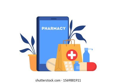 Vector illustration of online pharmacy store. Concept of purchasing medicines online. Mobile service.