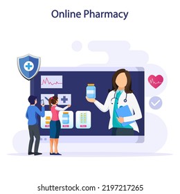 Vektorgrafik des Online-Apothekenladens. Medizin, die mobile App bestellt.